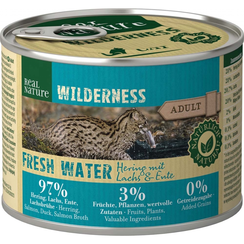 1 x 6 latas 200 gr Latas Real Nature Wilderness para gatos con pescado.