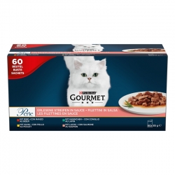 Gourmet Perle Multipack Finas Láminas en Salsa Comida Húmeda para Gatos con Conejo, Buey, Pollo y Salmón