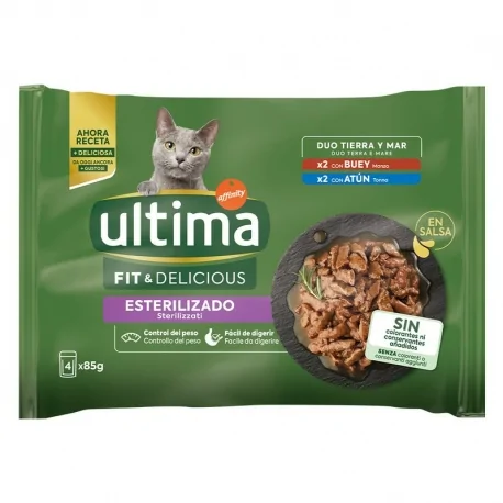 Ultima Fit&Deliciuos Comida Húmeda en Salsa para Gatos Esterilizados con Buey y Atún