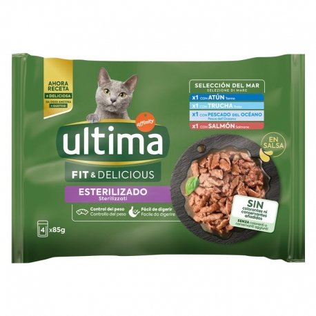 Ultima Fit&Deliciuos Comida Húmeda en Salsa para Gatos Esterilizados con Selección de Pescados