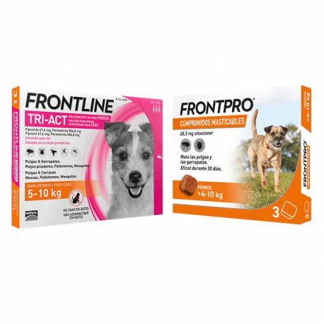 Pack Súper Protección: Frontpro Comprimidos Masticables 4-10kg + Frontline Tri-Act 3 pipetas (5-10kg) para perros pequeños