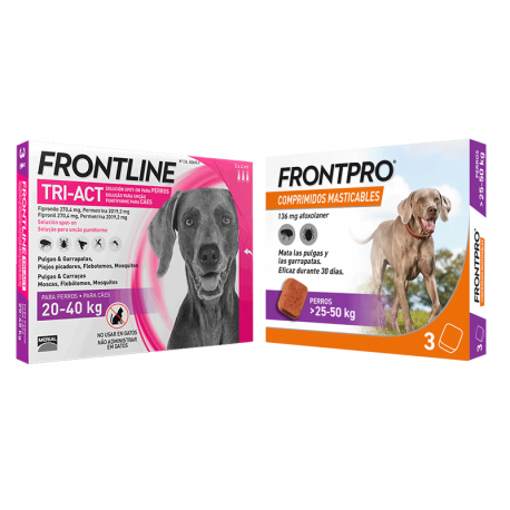 Pack Súper Protección: Frontpro Comprimidos Masticables 25-50kg + Frontline Tri-Act 3 pipetas (20-40kg) para perros grandes