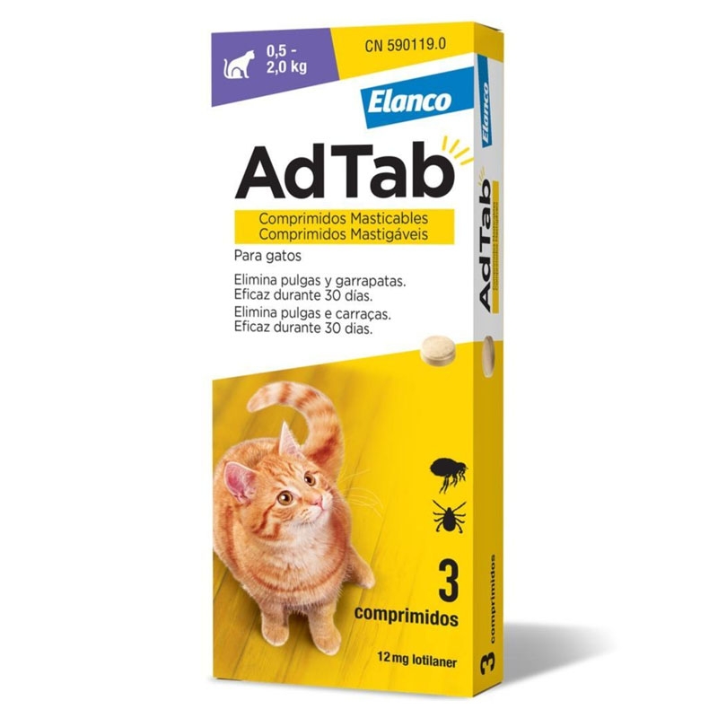 Adtab 3 Comprimidos Masticables Antiparasitarios Para Gatos 0,5-2 Kg