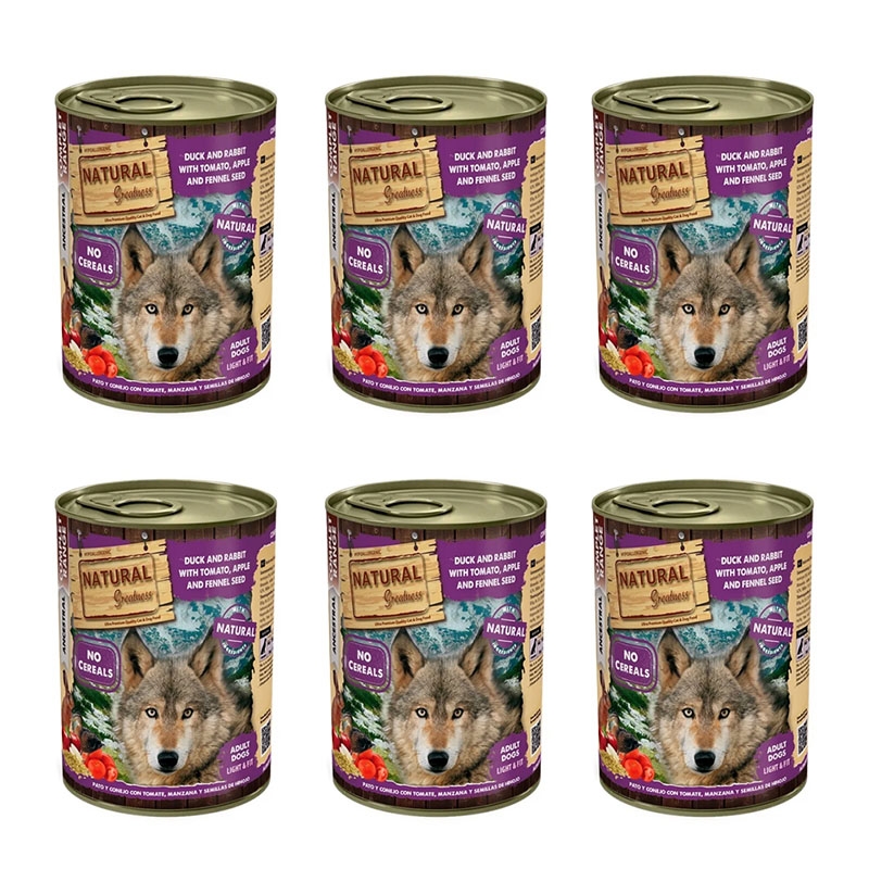 12 x 400 gr Natural Greatness Comida Húmeda Completa Para Perros Con Pato Y Conejo 12 X 400 Gr