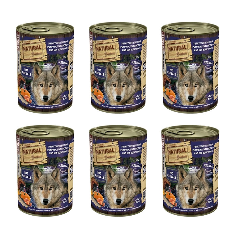 12 x 400 gr Natural Greatness Comida Húmeda Completa Para Perros Con Pavo Y Salmón 12 X 400 Gr