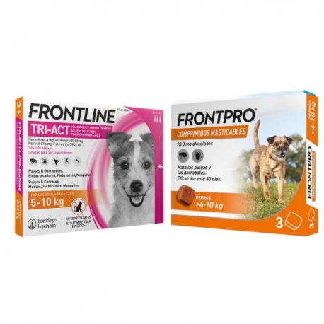 Pack Super Protection : Frontpro Comprimés Mâchables 4-10kg + Frontline Tri-Act 3 Pipettes (5-10kg) chiens taille petite