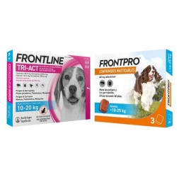 Pack Super Protection : Frontpro Comprimés Mâchables10-25kg + Frontline Tri-Act 3 Pipettes (10-20kg) taille moyenne