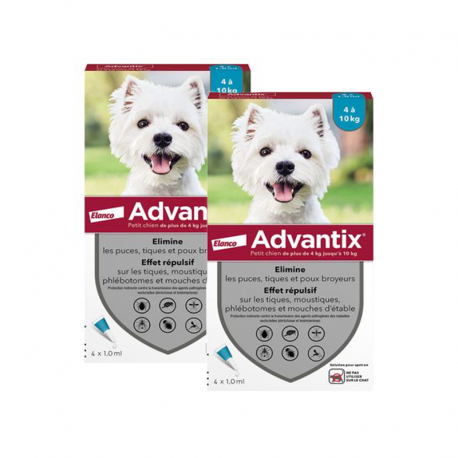 Advantix pack 2 unités (8 pipettes) pour chiens taille petite (4-10kg)