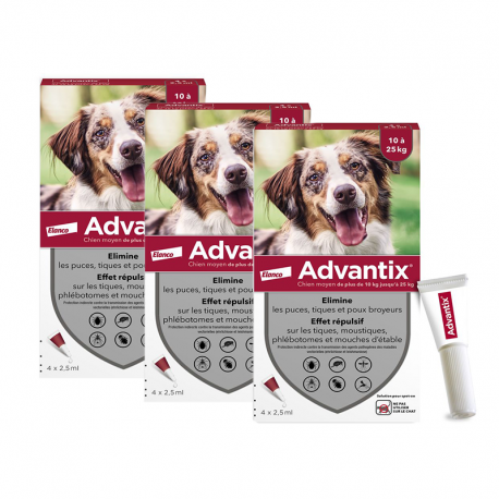 Advantix pack 3 unités (12 pipettes) pour chiens taille moyenne (10-25 kg)