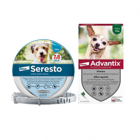 Pack Super Protection : Collier Seresto moins de 8kg + Advantix 4 pipettes 0-4kg pour chiens minis