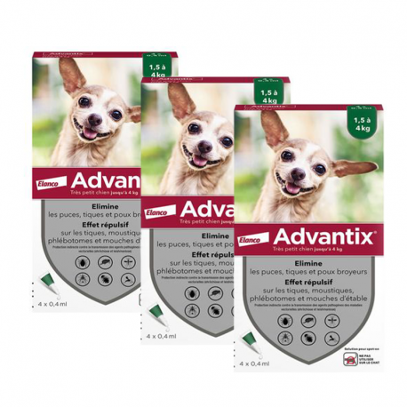Pack Advantix 3 unités (12 pipettes) pour chiens de petite taille (0-4KG)