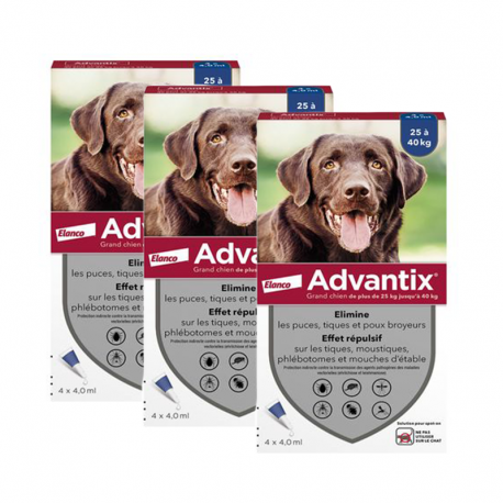 Advantix pack 3 unités (12 pipettes) pour les grands chiens (+25kg)