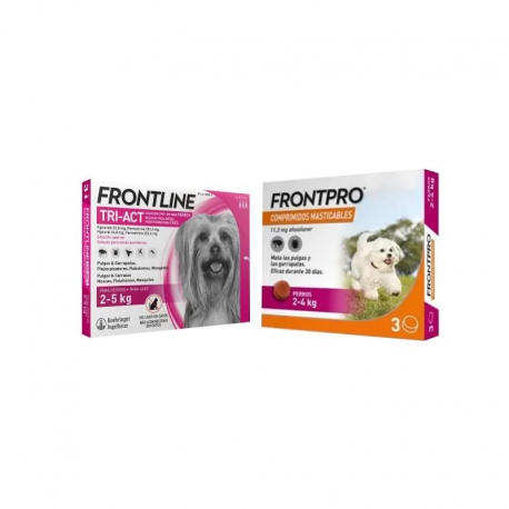 Pack Super Protezione: Frontpro Compresse Masticabili 2-4 kg + Frontline Tri-Act 3 pipette (2-5 kg) per cani mini